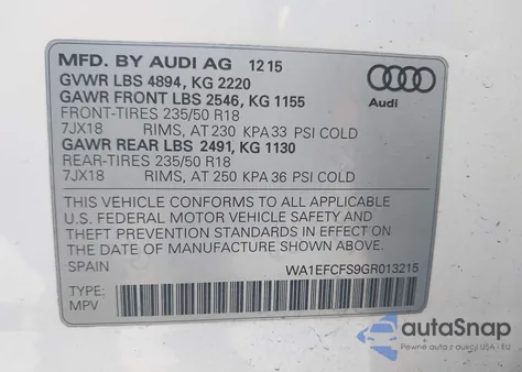 2016 Audi Q3 2.0T Premium Plus z USA, uszkodzony, nr VIN WA1EFCFS9GR013215